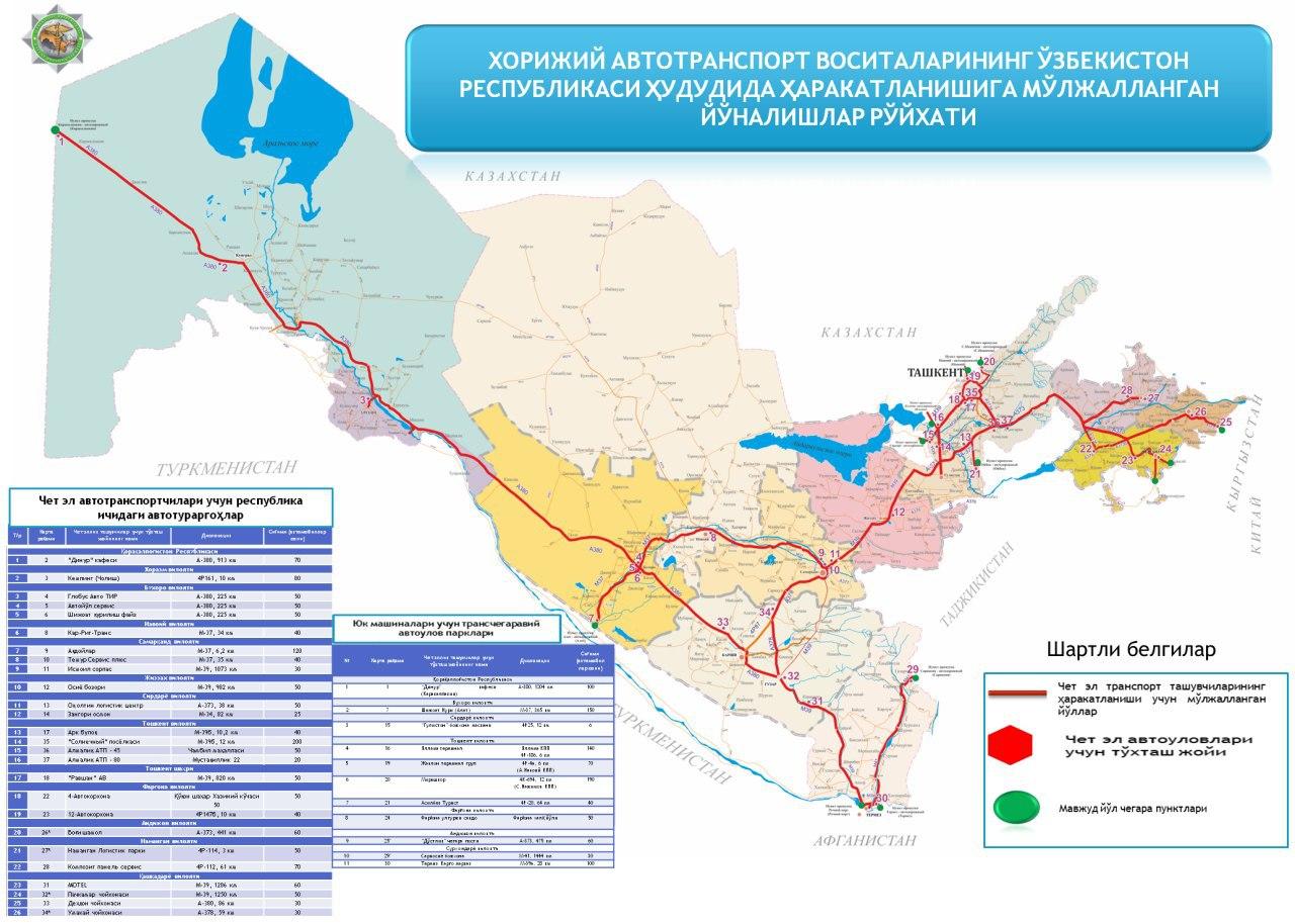 Хорижий автотранспорт воситаларининг Ўзбекистон Республикаси ҳудудида ҳаракатланишига мўлжалланган йўналишлар рўйхати тасдиқланди